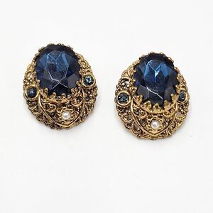 Vintage W. Germany Deep Blue Glass Faux Pearl Gold Tone Filigree Clip Earrings
